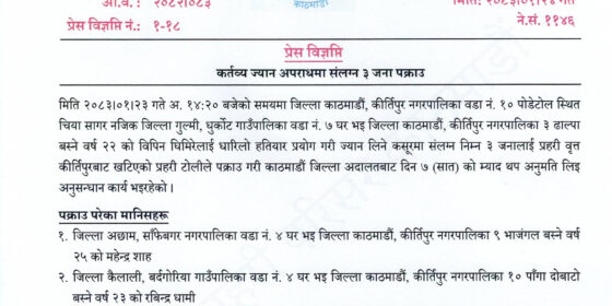 बिपिन घिमिरेको हत्या कसूरमा संलग्न ३ जना कीर्तिपुर प्रहरीको नियन्त्रणमा