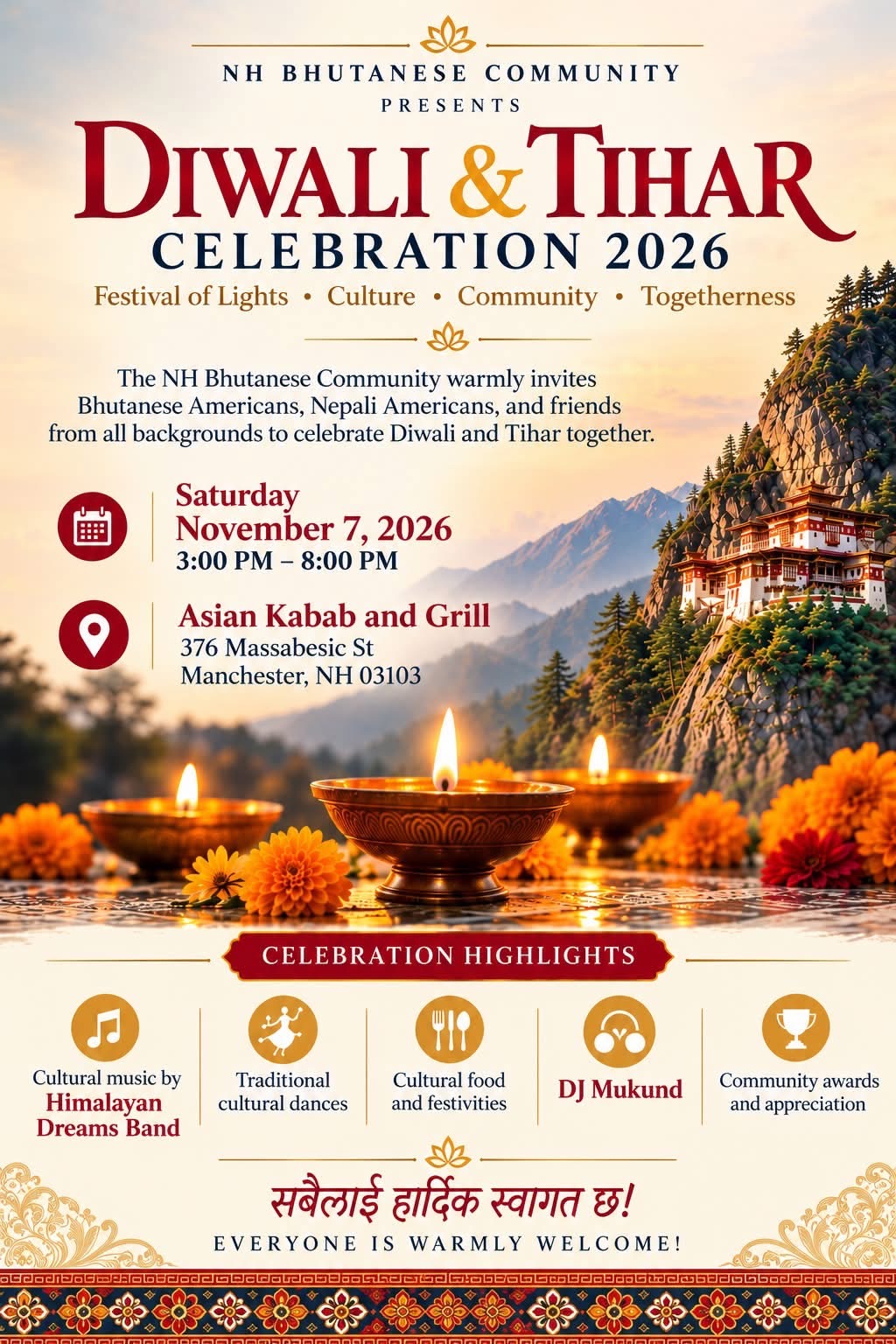 एनएच भुटानी समुदायले नोभेम्बर ७ मा दीपावली तथा तिहार उत्सव आयोजना गर्ने